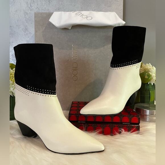 NEW Jimmy Choo Leather Suede Studded Timeless Two-Tone Crystal Bear 65 Bootie … - Picture 2 of 16